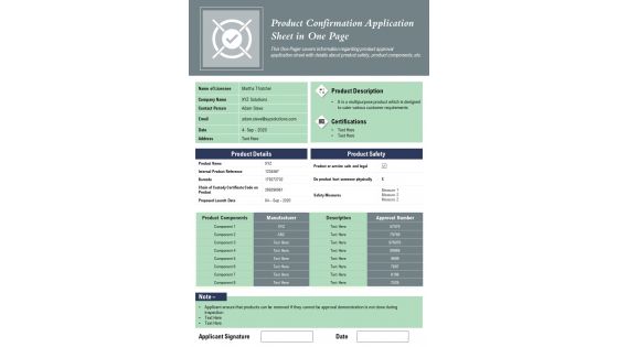 Product Confirmation Application Sheet In One Page PDF Document PPT Template