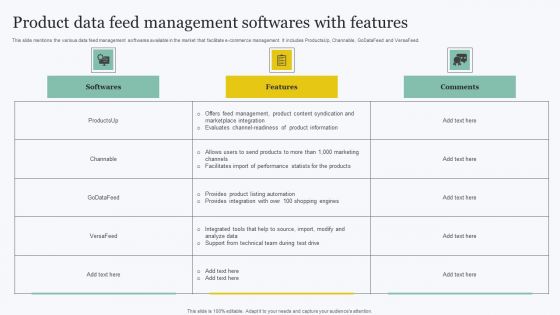 Product Data Feed Management Softwares With Features Icons PDF
