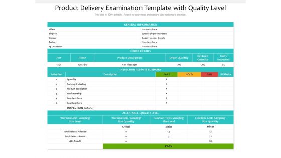 Product Delivery Examination Template With Quality Level Ppt PowerPoint Presentation Layouts Gallery PDF