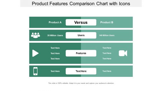 Product Features Comparison Chart With Icons Ppt Powerpoint Presentation Portfolio Diagrams