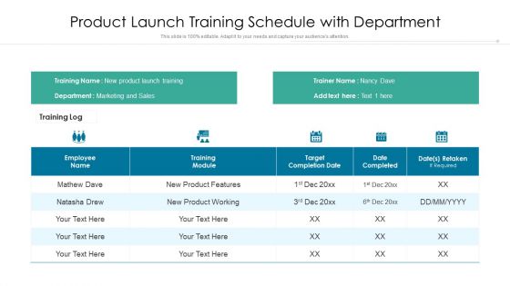 Product Launch Training Schedule With Department Ppt PowerPoint Presentation Show Example Topics PDF