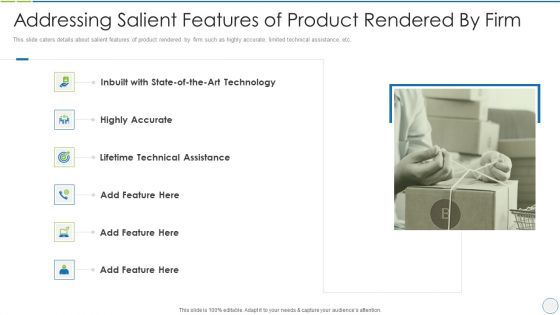 product specification slide addressing salient features of product rendered by firm themes pdf