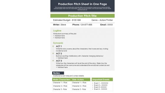 Production Pitch Sheet In One Page PDF Document PPT Template Production Pitch Sheet In One Page PDF Document PPT Template