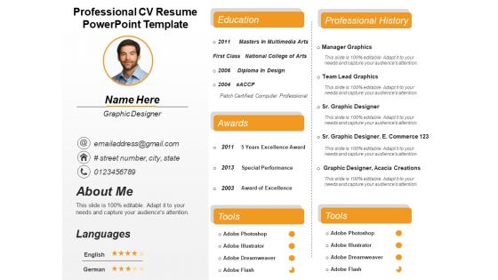 Professional CV Resume PowerPoint Template Ppt PowerPoint Presentation Infographic Template Templates PDF