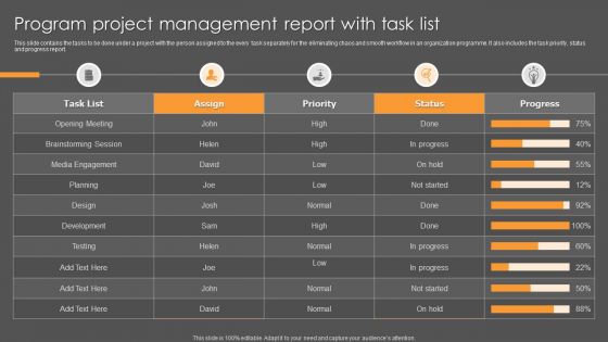 Program Project Management Report With Task List Ppt Infographics Examples PDF Program Project Management Report With Task List Ppt Infographics Examples PDF