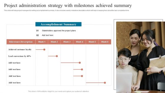 Project Administration Strategy With Milestones Achieved Summary Introduction PDF Project Administration Strategy With Milestones Achieved Summary Introduction PDF