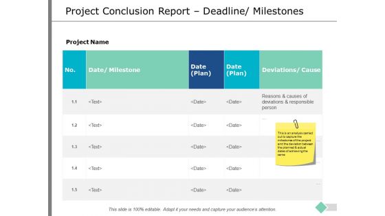 Project Conclusion Report Deadline Milestones Ppt PowerPoint Presentation Slides Design Ideas