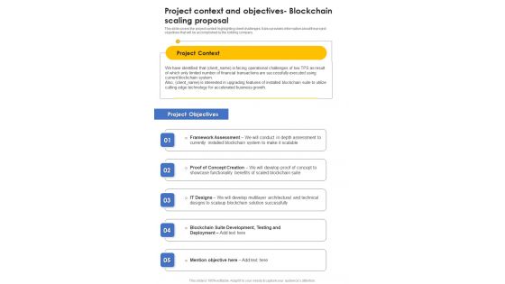 Project Context And Objectives Blockchain Scaling Proposal One Pager Sample Example Document
