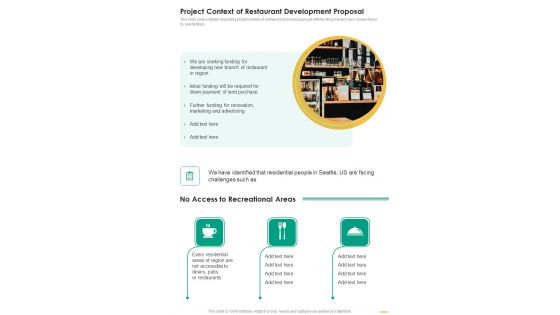 Project Context Of Restaurant Development Proposal One Pager Sample Example Document