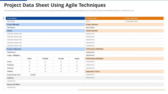 Project Data Sheet Using Agile Techniques Ppt Styles Backgrounds PDF