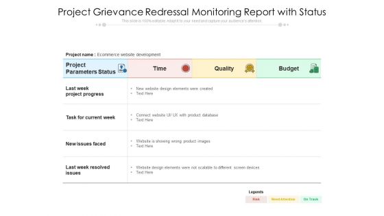 Project Grievance Redressal Monitoring Report With Status Ppt PowerPoint Presentation Gallery Outfit PDF