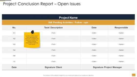 Project Ideation And Administration Project Conclusion Report Open Issues Pictures PDF