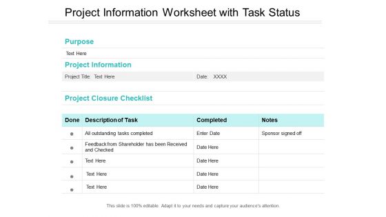 Project Information Worksheet With Task Status Ppt PowerPoint Presentation Infographic Template Master Slide Project Information Worksheet With Task Status Ppt PowerPoint Presentation Infographic Template Master Slide