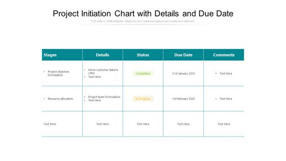 Project Initiation Chart With Details And Due Date Ppt PowerPoint Presentation Portfolio Master Slide PDF