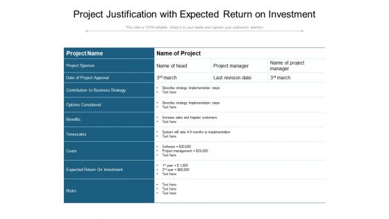 Project Justification With Expected Return On Investment Ppt PowerPoint Presentation File Templates PDF