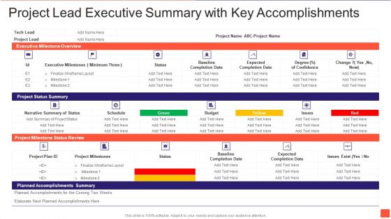 Project Lead Executive Summary With Key Accomplishments Icons PDF