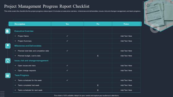 Project Management Progress Report Checklist Ppt Outline Elements PDF Project Management Progress Report Checklist Ppt Outline Elements PDF
