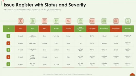 Project Management Under Supervision Issue Register With Status And Severity Mockup PDF
