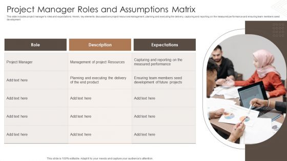 Project Manager Roles And Assumptions Matrix Ppt PowerPoint Presentation Outline Designs PDF