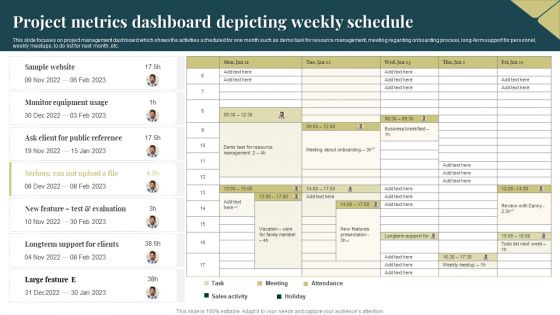 Project Metrics Dashboard Depicting Weekly Schedule Graphics PDF