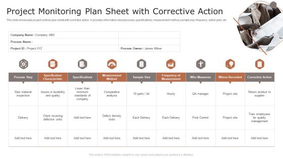 Project Monitoring Plan Sheet With Corrective Action Ppt Slides Model PDF