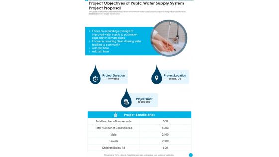 Project Objectives Of Public Water Supply System Project Proposal One Pager Sample Example Document