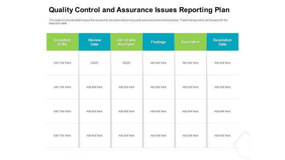 Project Quality Management Plan Quality Control And Assurance Issues Reporting Plan Template PDF