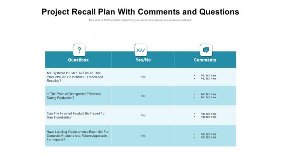 Project Recall Plan With Comments And Questions Ppt PowerPoint Presentation Infographics Background Images PDF