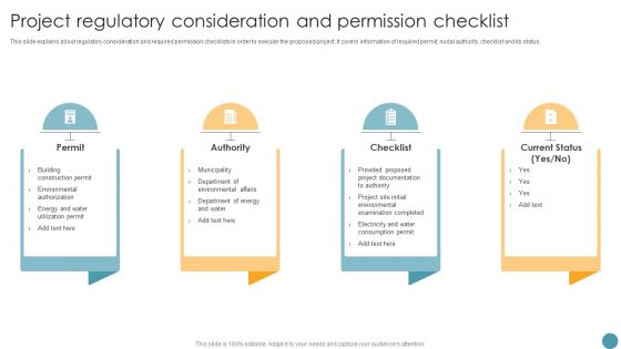 Project Regulatory Consideration And Permission Checklist Feasibility Analysis Report For Construction Project Infographics PDF Project Regulatory Consideration And Permission Checklist Feasibility Analysis Report For Construction Project Infographics PDF