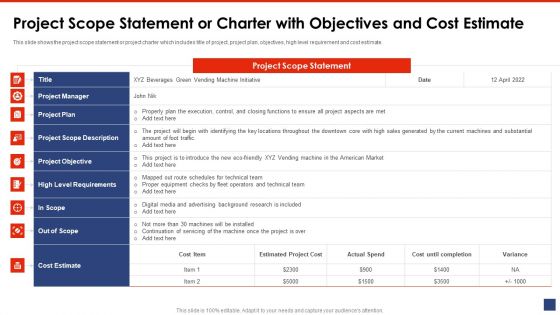 Project Scope Statement Or Charter With Objectives And Cost Estimate Formats PDF