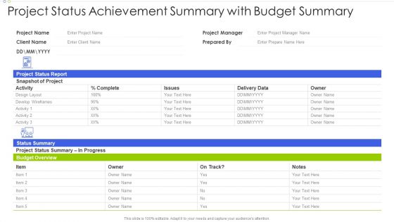 Project Status Achievement Summary With Budget Summary Brochure PDF