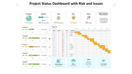 Project Status Dashboard With Risk And Issues Ppt PowerPoint Presentation Gallery Inspiration PDF