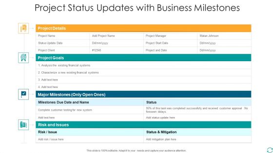 Project Status Updates With Business Milestones Icons PDF