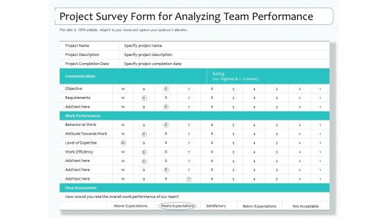 Project Survey Form For Analyzing Team Performance Ppt PowerPoint Presentation Inspiration Example Topics PDF