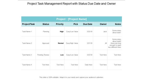 Project Task Management Report With Status Due Date And Owner Ppt PowerPoint Presentation Infographics Show Cpb