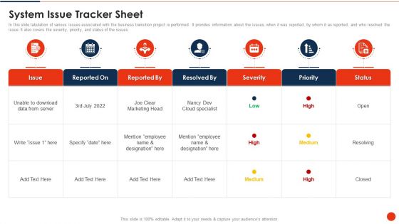 Project Transition Plan System Issue Tracker Sheet Ppt PowerPoint Presentation Gallery Visual Aids PDF Project Transition Plan System Issue Tracker Sheet Ppt PowerPoint Presentation Gallery Visual Aids PDF