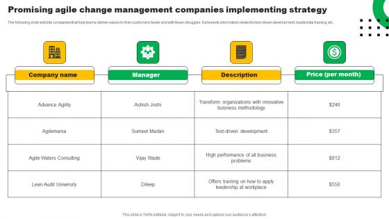 Promising Agile Change Management Companies Implementing Strategy Brochure PDF