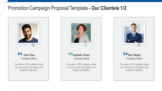 Promotion Campaign Proposal Template Our Clientele Team Ppt Layouts Picture PDF