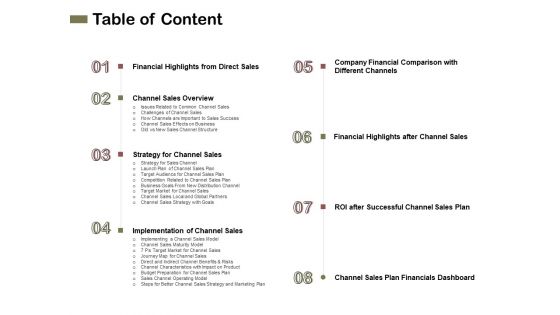Promotional Channels And Action Plan For Increasing Revenues Table Of Content Slides PDF