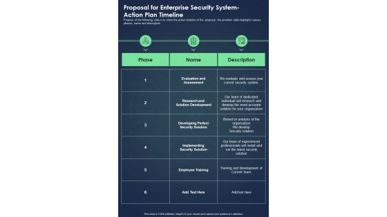 Proposal For Enterprise Security System Action Plan Timeline One Pager Sample Example Document