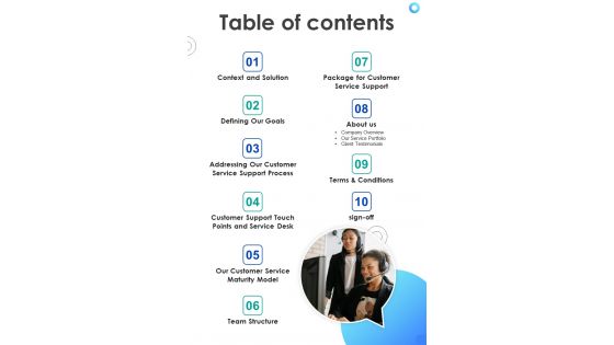 Proposal For Expert Support Services Table Of Contents One Pager Sample Example Document