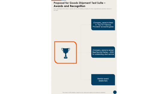 Proposal For Goods Shipment Test Suite Awards And Recognition One Pager Sample Example Document