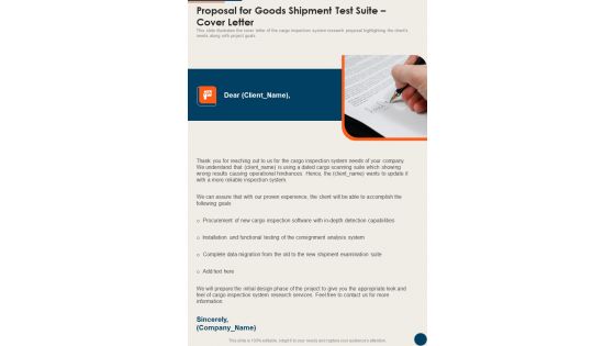 Proposal For Goods Shipment Test Suite Cover Letter One Pager Sample Example Document