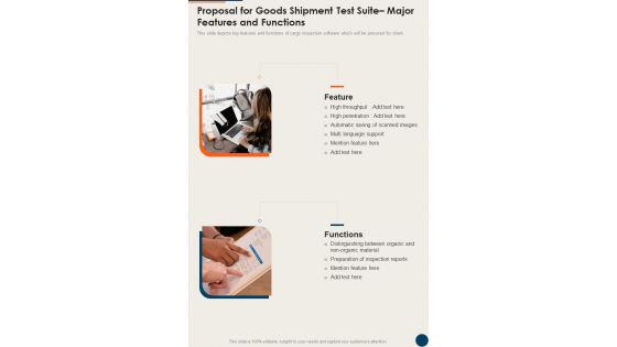 Proposal For Goods Shipment Test Suite Major Features And Functions One Pager Sample Example Document
