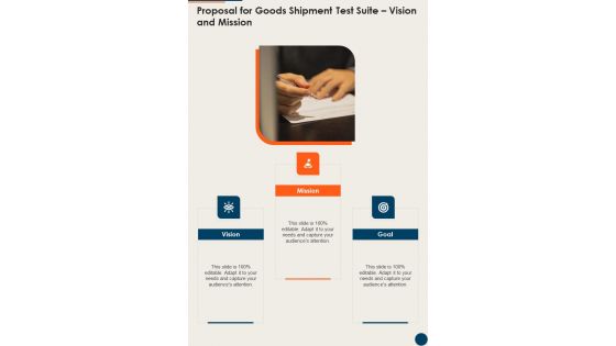 Proposal For Goods Shipment Test Suite Vision And Mission One Pager Sample Example Document