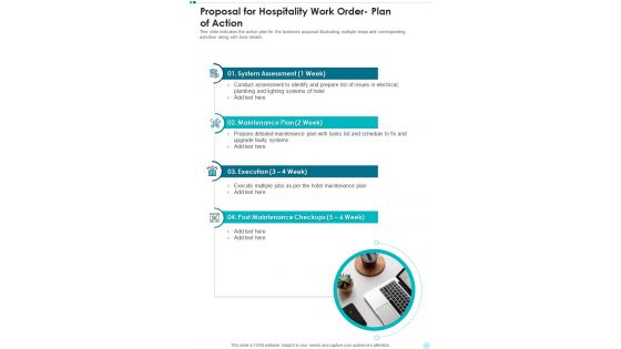 Proposal For Hospitality Work Order Plan Of Action One Pager Sample Example Document