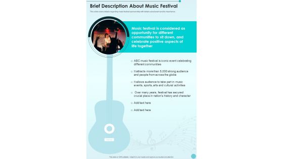 Proposal For Music Festival Investment Brief Description About Music Festival One Pager Sample Example Document