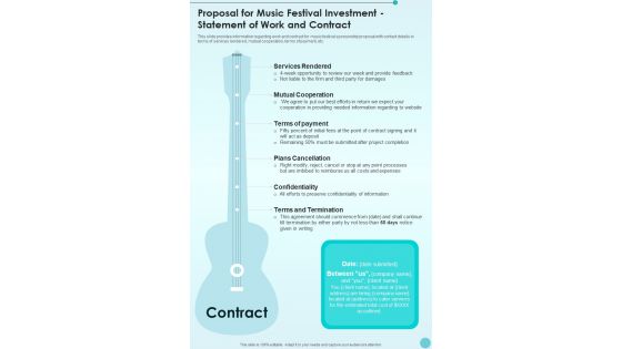 Proposal For Music Festival Investment Statement Of Work And Contract One Pager Sample Example Document