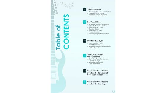 Proposal For Music Festival Investment Table Of Contents One Pager Sample Example Document