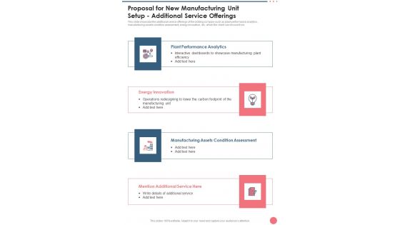 Proposal For New Manufacturing Unit Setup Additional Service Offerings One Pager Sample Example Document